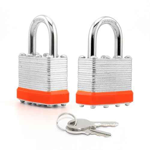 LanuBe Lock Laminated keyed Padlock (1-9/16", 40mm), keyed Alike Locks, Normal Shackle,Marked Orange Plastic Hoop, Pack of 2