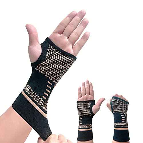 Copper Wrist Compression Sleeve, Elastic Wrist Support Sleeve Wrist Brace for Tendonitis, Arthritis, Sprains Pain Relief, Breathable Carpal Tunnel Hand Brace for Sport, Fitness, Workout, Typing