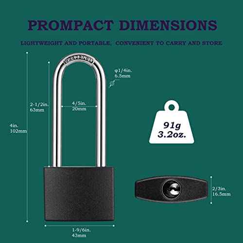 2 Pack Covered Aluminum Padlocks with Key, Black Locker Lock with Long Shackle for Gates, Fences, Toolboxes,