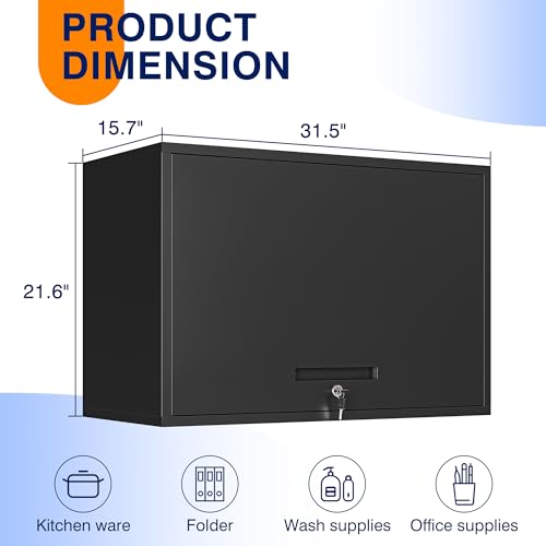 Yizosh Black Garage Wall Cabinet with Sliding Up-Flip Door - 32W x 21.6H x 16D, Heavy-Duty Steel