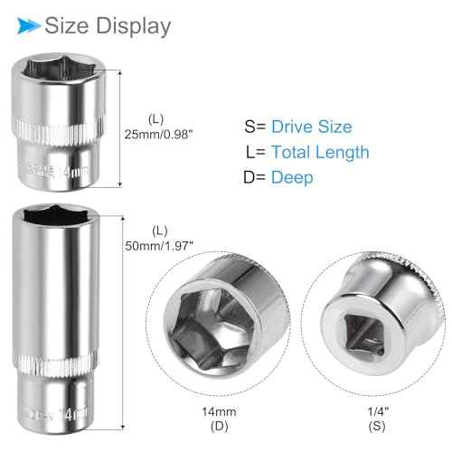 6-Point Socket, 1/4" Drive 14mm Deep, Polished Chromed CR-V Metric Deep and Shallow Impact Socket - (Applications: for Ratchet Torque Electric Wrenches Car Repair), 2-Pieces