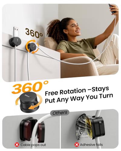 Silkland 6 Pack Black Snap-Lock Cable Clips Rotatable Cord Holders for Nightstand