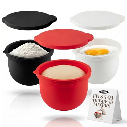 MIXAID 5 Qt Tilt-Head Silicone Bowl Liners 3-Piece Set with Lids (Red/White/Black) for KitchenAid