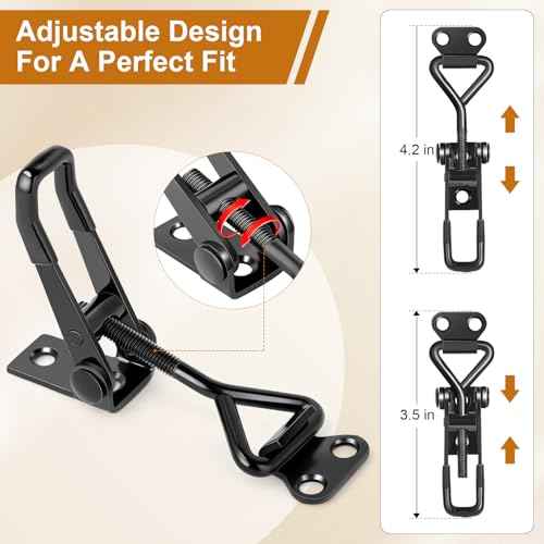 6 Pack Adjustable Toggle Latch Clamp, Upgraded Toggle Clamp Latch 4001-330Lbs Holding Capacity, Quick Release Hasp Clamps, Black Metal Pull Latches Catch for Smoker Door Tool Box Case Trunk Lid Jig