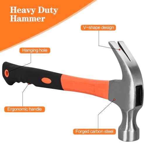 16oz Claw Hammer, Straight Rip Hammer, Fiberglass General Purpose Claw Hammer with Smooth Face & Non-slip Grip