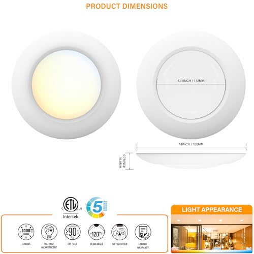 JULLISON 6 Inch LED Disk Light with Dusk to Dawn Sensor, 5CCT, 1000LM, White