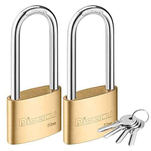 Solid Brass Keyed Padlock, 2 Inch (50mm) Wide Body, 3.2 Inch Long Shackle Outdoor Waterproof Lock with Keys for Shed, Gate, School Gym Locker, Fence, Hasp Storage (2 Pack)