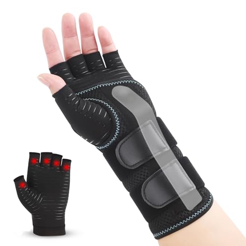CHIYAN Carpal Tunnel Wrist Brace with Copper Arthritis Glove, Adjustable Metal Splint Stabilizer Wrist Support Women Men for Day Night Sleep Pain Relief Work, Typing, Tendonitis, Sprains