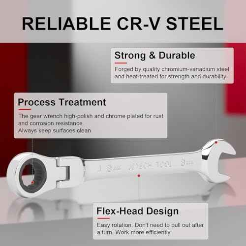 Jetech 8mm Flexible Head Ratchet Wrench, Industrial Grade Cr-V Steel, 12 Point, Off Corner Design, 72 Tooth Ratchet, 180 Degree Flexible Box End