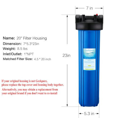 20 Inch Whole House Water Filter Housing - Fits 4.5" x 20" Cartridges, High Flow, Brass Inlet/Outlet