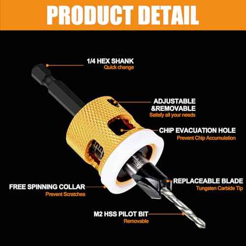 Adjustable Depth 1/8" x3/8" Countersink Drill Bit, Low Friction Stop Prevent Scratches, 1/4" Hex Shank for Quick Change, Replaceable HSS Pilot Drill Bit for Wood, Plastic, Woodworking