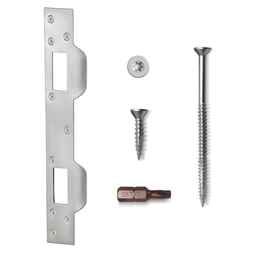 MOSECYOU Door Strike Plate Double Holes, with Reinforced Torx/Star Screws & Bit, Heavy-Duty Latch Reinforcement Plate Security Striker for Exterior Interior Door (1, Satin Nickel)