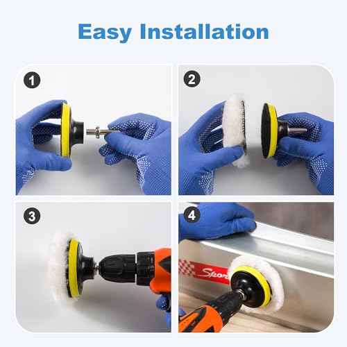 S SATC Wool Polishing Buffing Pad Set with 5PCS 3 Inch Wool Buffing Wheel for Drill, Hook and Loop Back Pad with M10 Drill Adapter, Compound Waxing and Polishing for Car Polisher