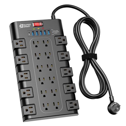 SUPERDANNY Black Power Strip Surge Protector with 22 Outlets & 6 USB, 6.5ft Cord