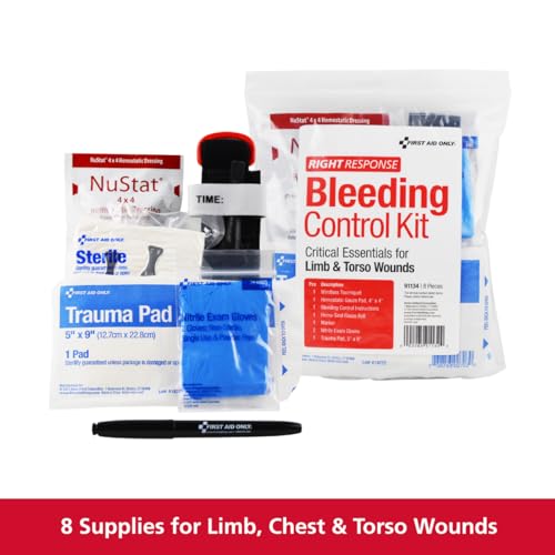 First Aid Only Bleeding Control Kit for Limb & Torso Wounds - 8 Pieces, Tourniquet & Hemostatic Gauze