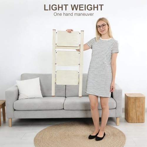 Valeo Cream White 3-Step Foldable Ladder with Wide Anti-Slip Pedals, Supports 330 LBS