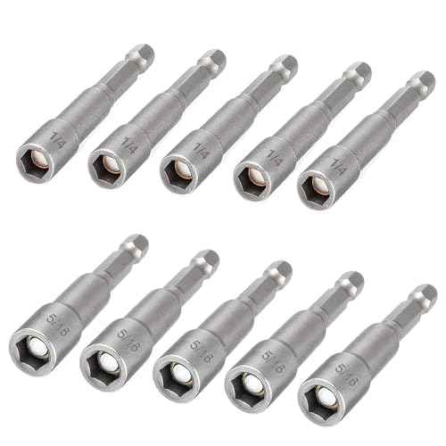 10pcs SAE 1/4¡± and 5/16¡± Magnetic Nut Driver Bit Set, 1/4 inch Driver Power Nut Setter Drill Bits for Impact Drill, Socket Adapter Hex Nut Driver Set, 65mm Length