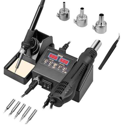 12pcs Soldering Station, 2 in 1 Hot Air Functions Digital Display Soldering Iron Soldering Kit, 8898 Portable SMD Rework Station, ¨¬C/¨¬F Cool/Hot Air Conversion and Auto Sleep