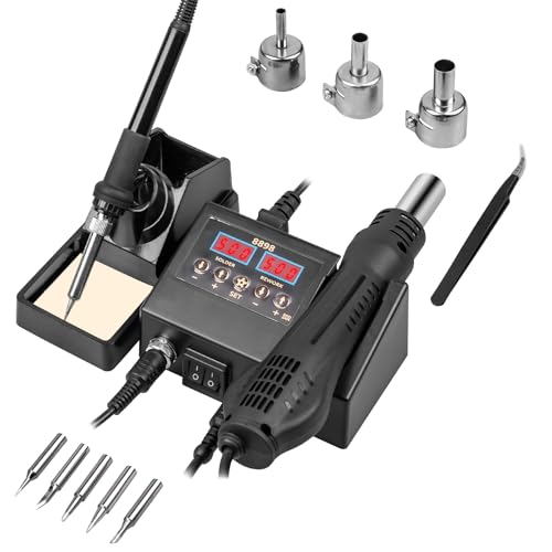 12pcs Soldering Station, 2 in 1 Hot Air Functions Digital Display Soldering Iron Soldering Kit, 8898 Portable SMD Rework Station, ¨¬C/¨¬F Cool/Hot Air Conversion and Auto Sleep