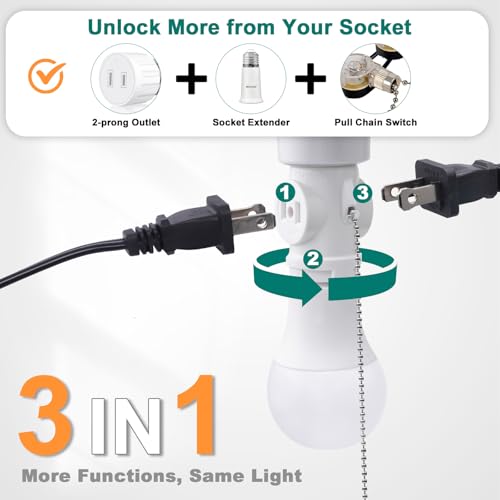 DiCUNO 2-Pack UL Listed E26 Light Socket to Plug Adapters with 15.75" Pull Chain - White