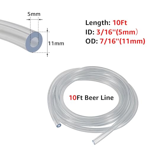 10ft Clear Beer Line Tubing 3/16 ID Keg Line - Food-Grade Beer Hose with Clamps