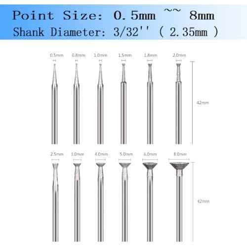 Luo ke 12 Pcs Bowl Shape Diamond Burr Set, 3/32'' Shank Stone Carving Sets Diamond Concave Burr Wire Rounder Bits Fits for Rotary Tools