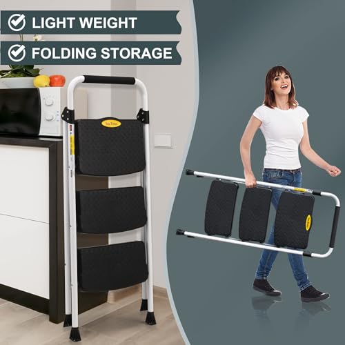 Soctone 3-Step Ladder for Adults, Heavy-Duty Steel, 500lbs Capacity