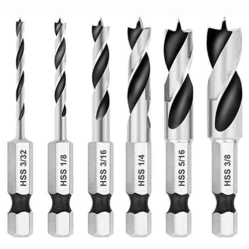 6Pcs Brad Point Drill Bits Stubby Drill Bit Set for Wood |Spiral Twist Bit 1/4" Quick Change Hex Shank | 4241 High Speed Steel | for Quick Change Chucks and Drives