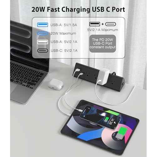 Jgstkcity Desk Clamp Power Strip,20W Fast Charging Station,Surge Protector Nightstand Edge Mount,1875W Extension Cord with Multiple Outlets,2 USB-C,2 USB-A,for Home Office (Black, 2PCS-6 FT)