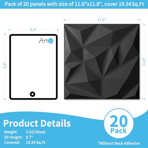 Art3d 20-Pack Black 3D Wall Panels - 11.8x11.8 Inch PVC Interior Decor