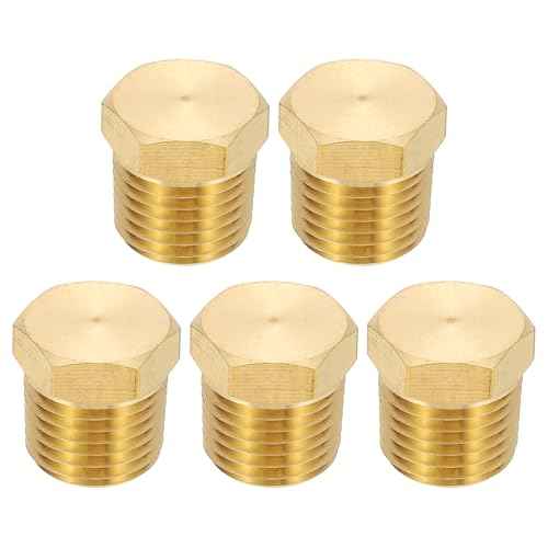 PATIKIL 1/4" NPT Male Brass Pipe Plug Fitting, 5Pcs Outer Hex Thread Socket Plug Ends Sealing Tubing Fitting for Refrigeration, Water, Air, Oil, Gas Line
