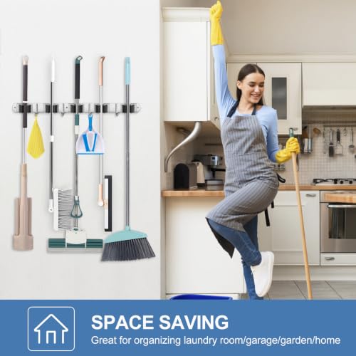 IMILLET 2 Pack Stainless Steel Wall Mount Broom & Mop Organizer with 5 Racks & Hooks