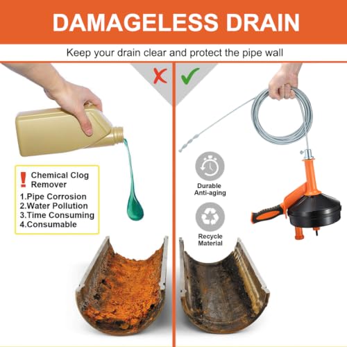 BACEYIOU Orange Drain Auger with Drill Adapter 25ft Flexible Plumbing Snake for Kitchen & Bathroom Clogs