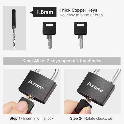 Puroma Lock Keyed Padlock, 1 Pack Aluminum Locks with 2 Keys Alike, 1.1 Inch Locker Lock 43mm Small Padlocks for Gate, Fence, Shed, Toolbox, School Gym Locker (Black)