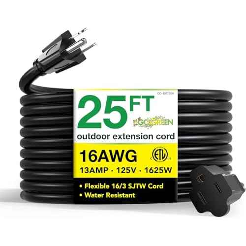 Go Green Power Inc. 16/3 25ft Black Outdoor Extension Cord - Reliable, Heavy Duty - Ideal for Outdoor Tools & Equipment - GG-13725BK