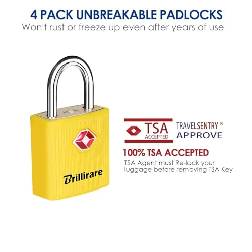 4 Pack TSA Approved Luggage Locks with Keys, Travel Padlock, Zinc Alloy Waterproof Keyed Lock, TSA Outdoor Metal Lock for Lockers, Bags, Backpack, Gym, Gate-Yellow