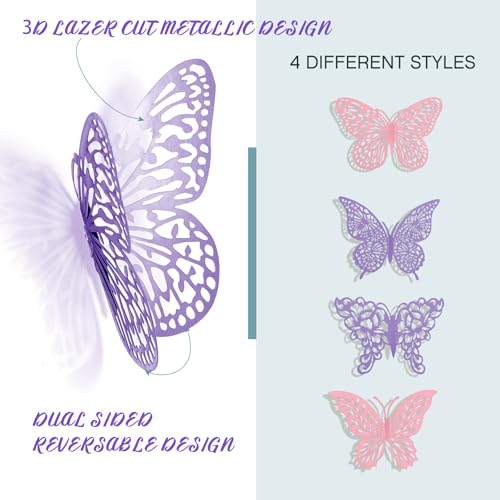 48Pcs Butterfly Wall Decor Set - 4 Styles, 3 Sizes in Purple & Pink, 3D Metal Wall Stickers for Party & Home