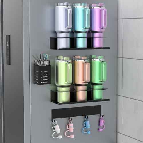 2 Pack Magnetic Stanley Cup Organizer Water Bottle Holder for Stanley 30&40 oz Tumbler with Lid Hook Straw Holder and Double Sided Tape Hold Stanley Cup Accessories for Kitchen Fridge Cabinet