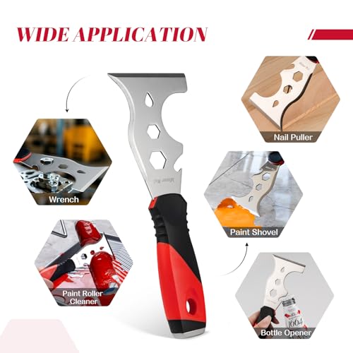 Mister Rui Putty Knife, Paint Scraper 13 in 1 Putty Knife Multi Fuctional, Stainless Steel Metal Scraper, Spackle Knife with Hammer End, Razor Blade Paint Scraper Tool
