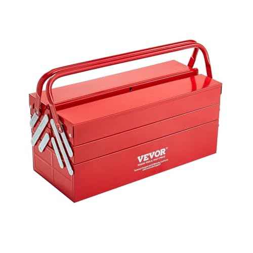 VEVOR Metal Tool Box, 18-inch, 3-Tier 5-Tray Portable Folding Tool Chest Organizer with Handle & Lock Hole, Powder Coated Steel, Cantilever Toolbox for Household Factory Warehouse Repair Shop, Red