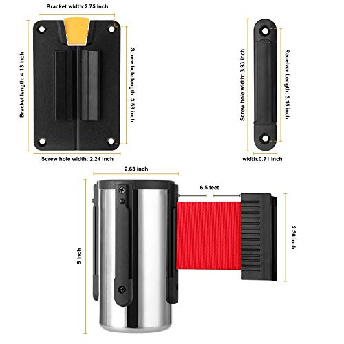 Wall Mounted Retractable Belt Barrier, Stainless Steel Rope Safety barriers with 6.5ft red Belt, Barking System Supported