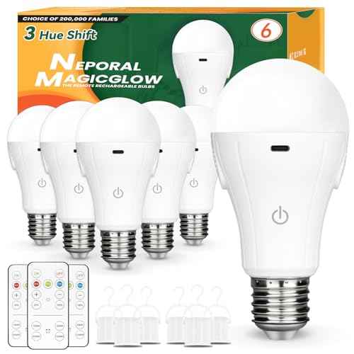 Neporal MagicGlow Rechargeable Light Bulbs with Remote, 3 Colors Shift + Stepless Dimmable Battery Light Bulbs, USB Rechargeable, A19, Up to 24 Hours