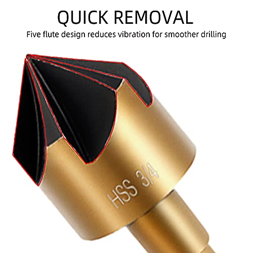 Aleric Countersink Drill Bit Set, High Speed Steel Counter Sinker Drill Bit 5Pcs 5 Flute 6mm Hex Shank with 82 Degree Mill Cutter Bit Countersink Bits for Wood Metal in Size 1/4¡± 3/8¡± 1/2¡± 5/8¡± 3/4¡±