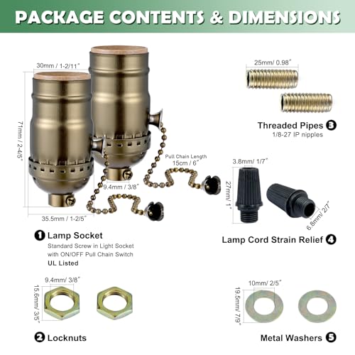 Antique Brass E26 Pull Chain Light Socket Replacement - UL Listed, 2 Pack
