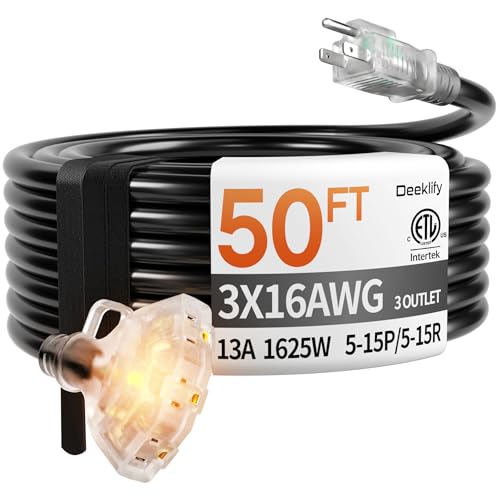 Black 50FT Outdoor Extension Cord with Multiple Outlets & Indicator Light