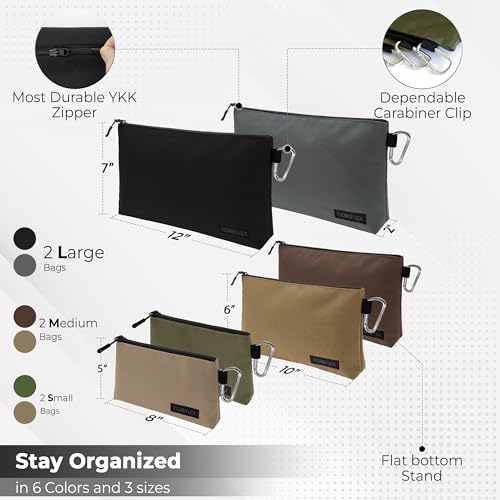 COREFLEX 6 Pack Small & Medium Tool Pouches with YKK Zippers - Heavy Duty Canvas Organizer, Multipurpose Storage Bags, Khaki