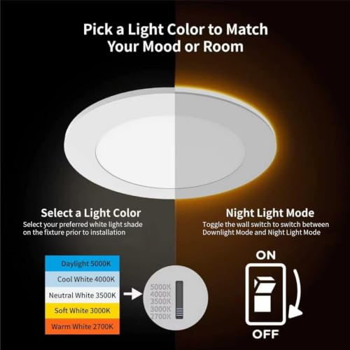Meconard 6 Inch White 5CCT LED Recessed Lighting with Night Light - Dimmable, IC Rated