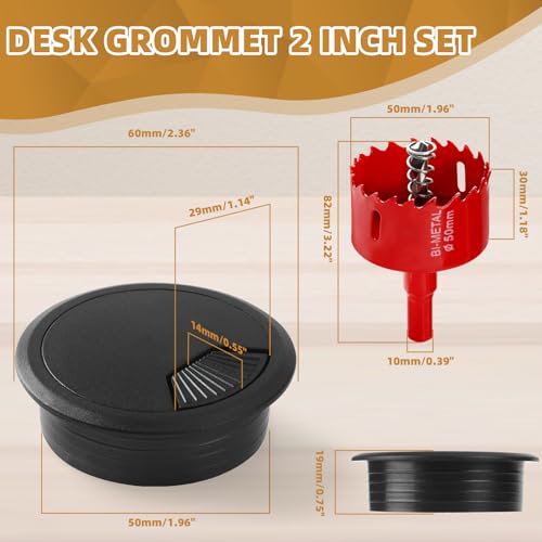 XIOGZAXI 2 Inch Black Desk Grommet Set with Hole Saw - Cable Management, 10 Pieces