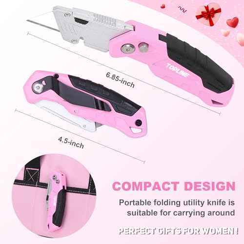 TOPLINE Folding Pink Utility Knife, Pocket Folding Pink Box Cutter, Blade Storage Design, 18-Piece SK5 Blades and a Dispenser Included (1 PACK(PINK))
