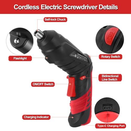 AFNZTME Red Cordless Power Screwdriver Kit with 46 Bits, LED Light, Pistol Handle